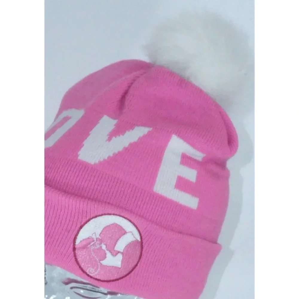 Disney Love Pom Pom Beanie Pink Spell Out